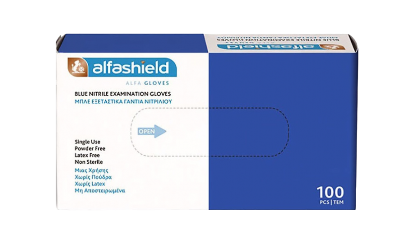 Alfashield Alfa Gloves Εξεταστικά Γάντια Νιτριλίου Χωρίς Πούδρα Μπλε Small 100τμχ 